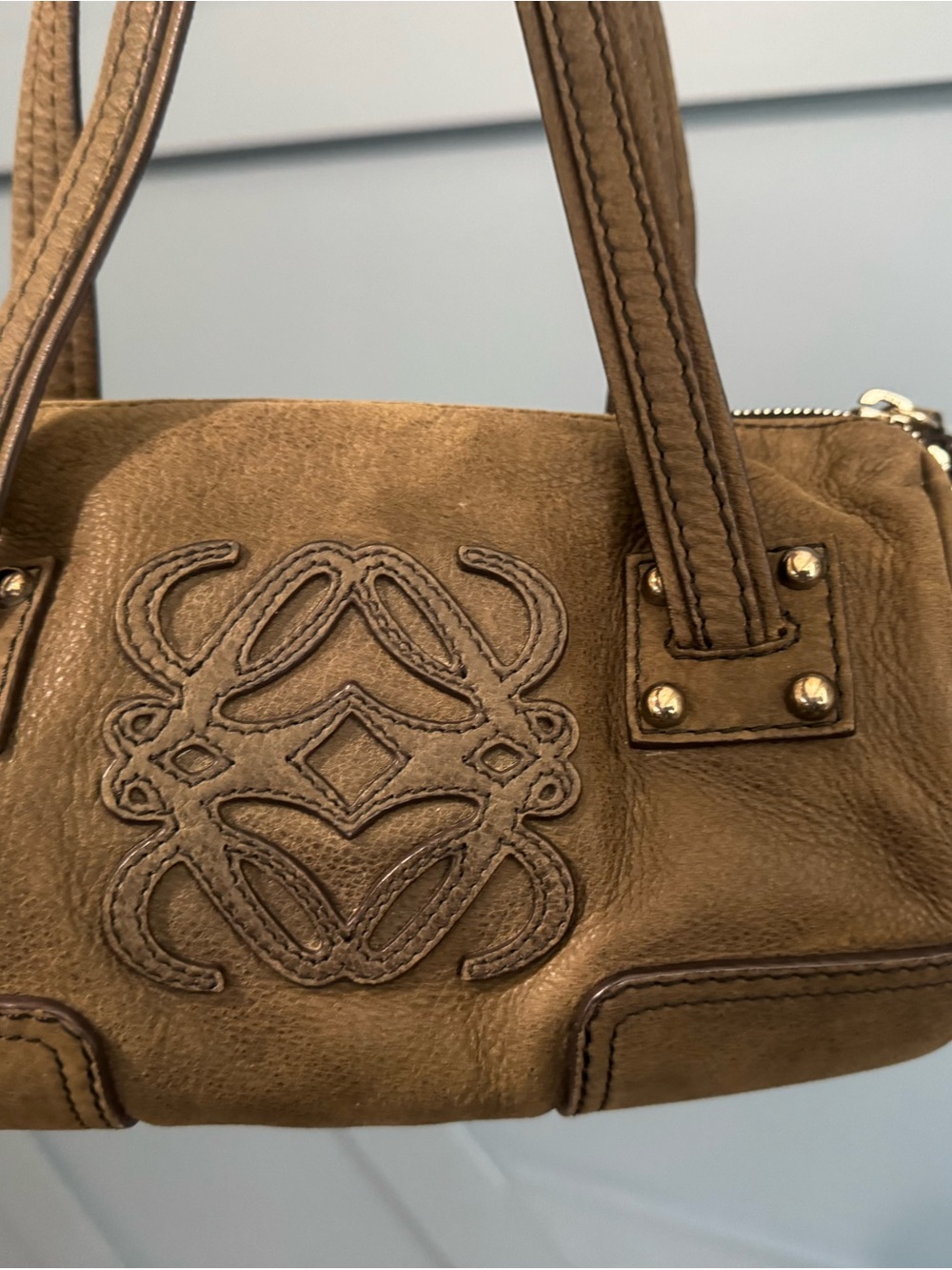 Loewe Tan Suede Shoulder Bag with Embroidered Logo